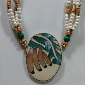 Stone Oval Pendant Pearl Inlay Multi Strand